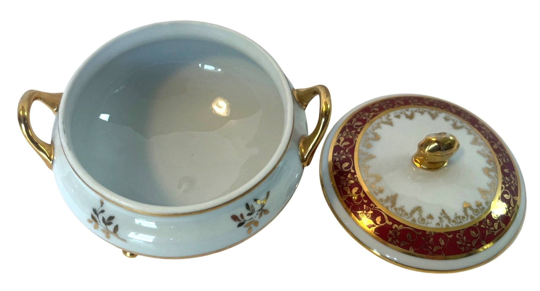 Vintage Limoges France Covered Porcelain Dish With Gold Trim Red & Gold Floral Pattern Footed Handles Elegant Design 3.5" tall