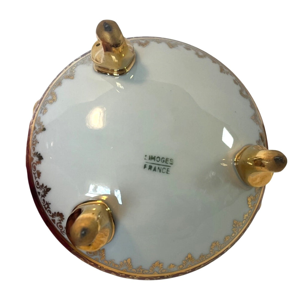 Vintage Limoges France Covered Porcelain Dish With Gold Trim Red & Gold Floral Pattern Footed Handles Elegant Design 3.5" tall