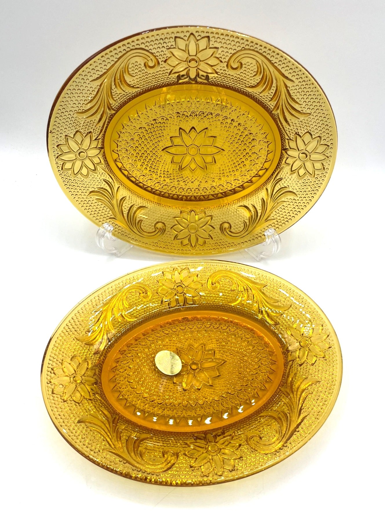 Vintage Tiara Exclusive Amber Glass Oval Serving Plates Pair 8.25" x 7" in Original Box