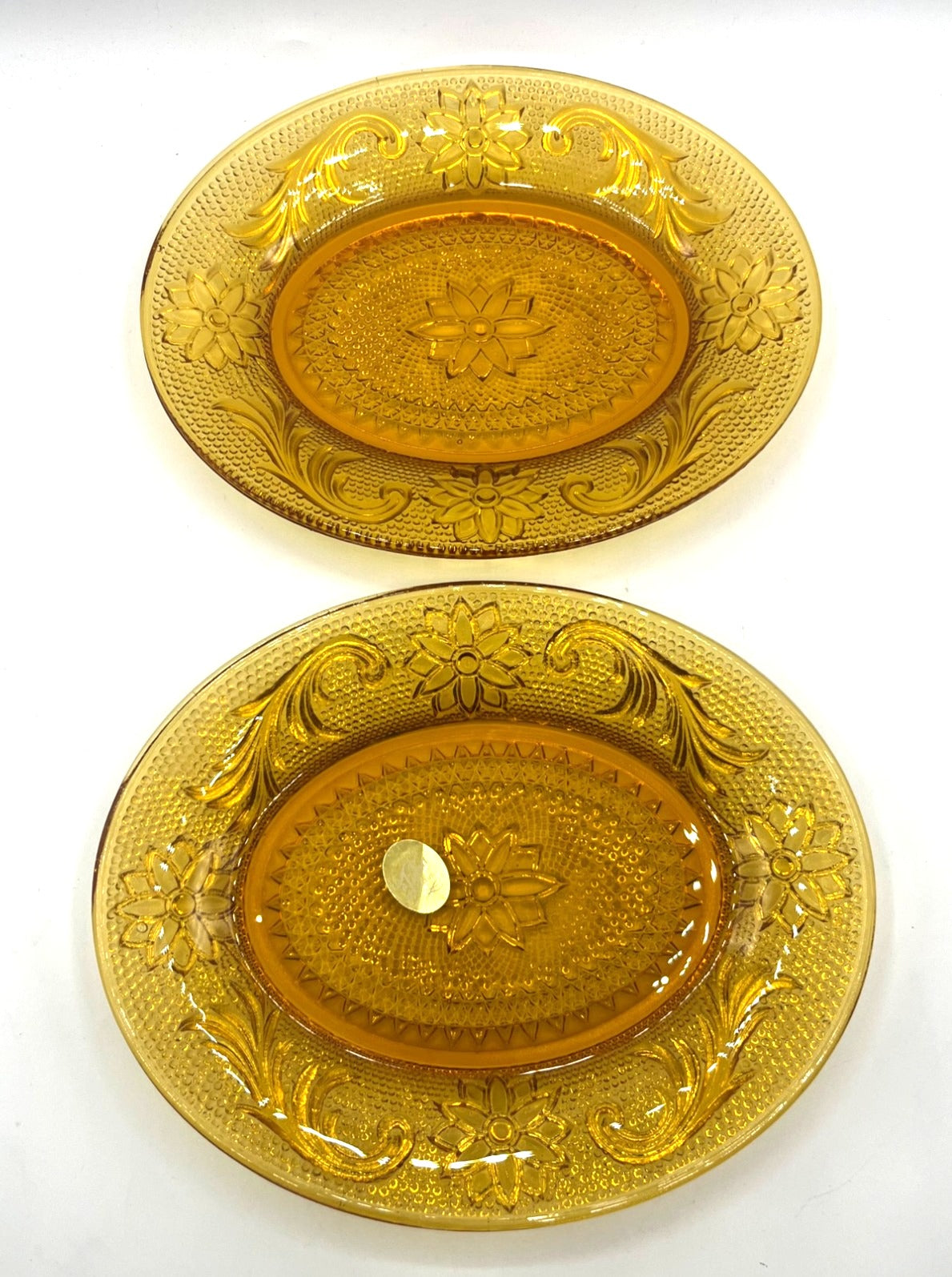 Vintage Tiara Exclusive Amber Glass Oval Serving Plates Pair 8.25" x 7" in Original Box