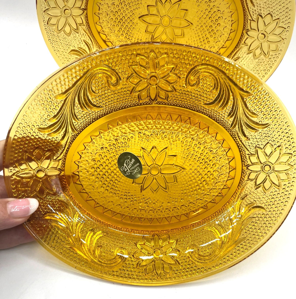 Vintage Tiara Exclusive Amber Glass Oval Serving Plates Pair 8.25" x 7" in Original Box