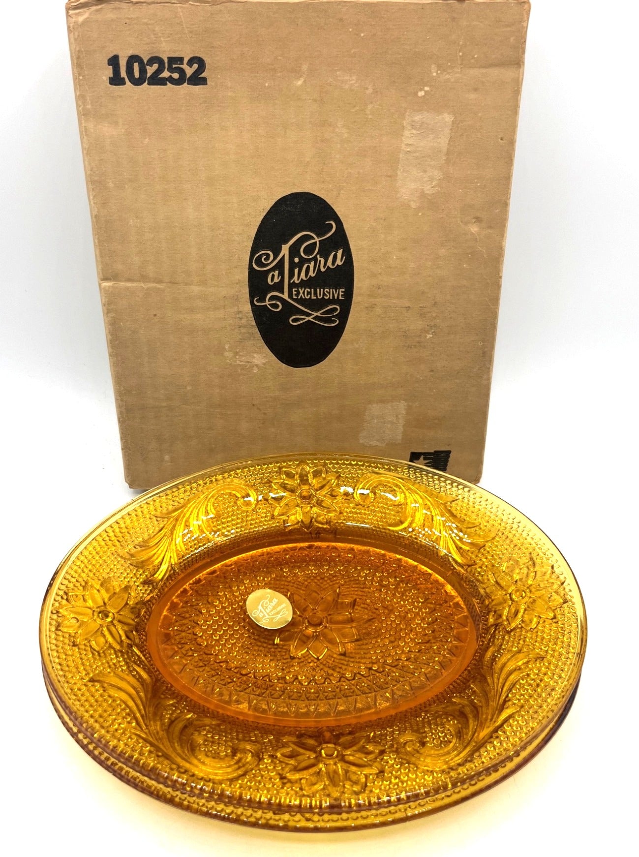 Vintage Tiara Exclusive Amber Glass Oval Serving Plates Pair 8.25" x 7" in Original Box