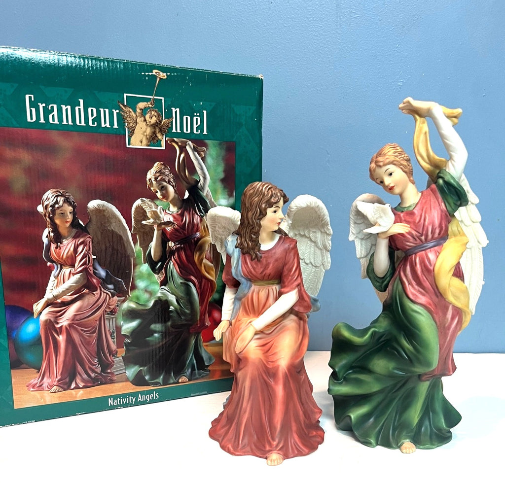 Grandeur Noel Nativity Porcelain Angels Figurines Set Of 2.  9 & 12 inches tall