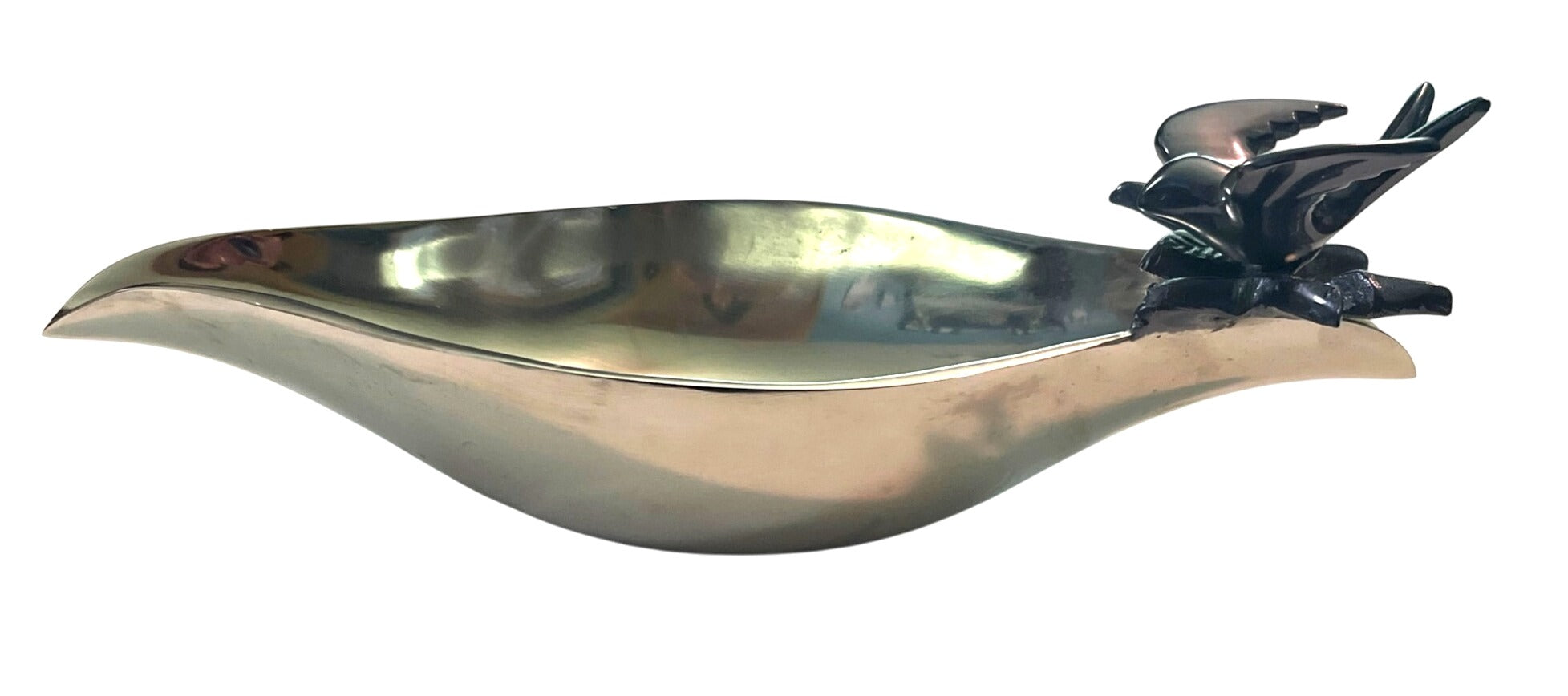 Brass Decorative Bowl With Bird & Leaf Silver Finish Enameled Bird Design Handcrafted Made in India 14.5" long