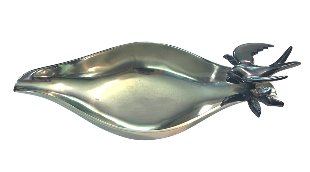 Brass Decorative Bowl With Bird & Leaf Silver Finish Enameled Bird Design Handcrafted Made in India 14.5" long
