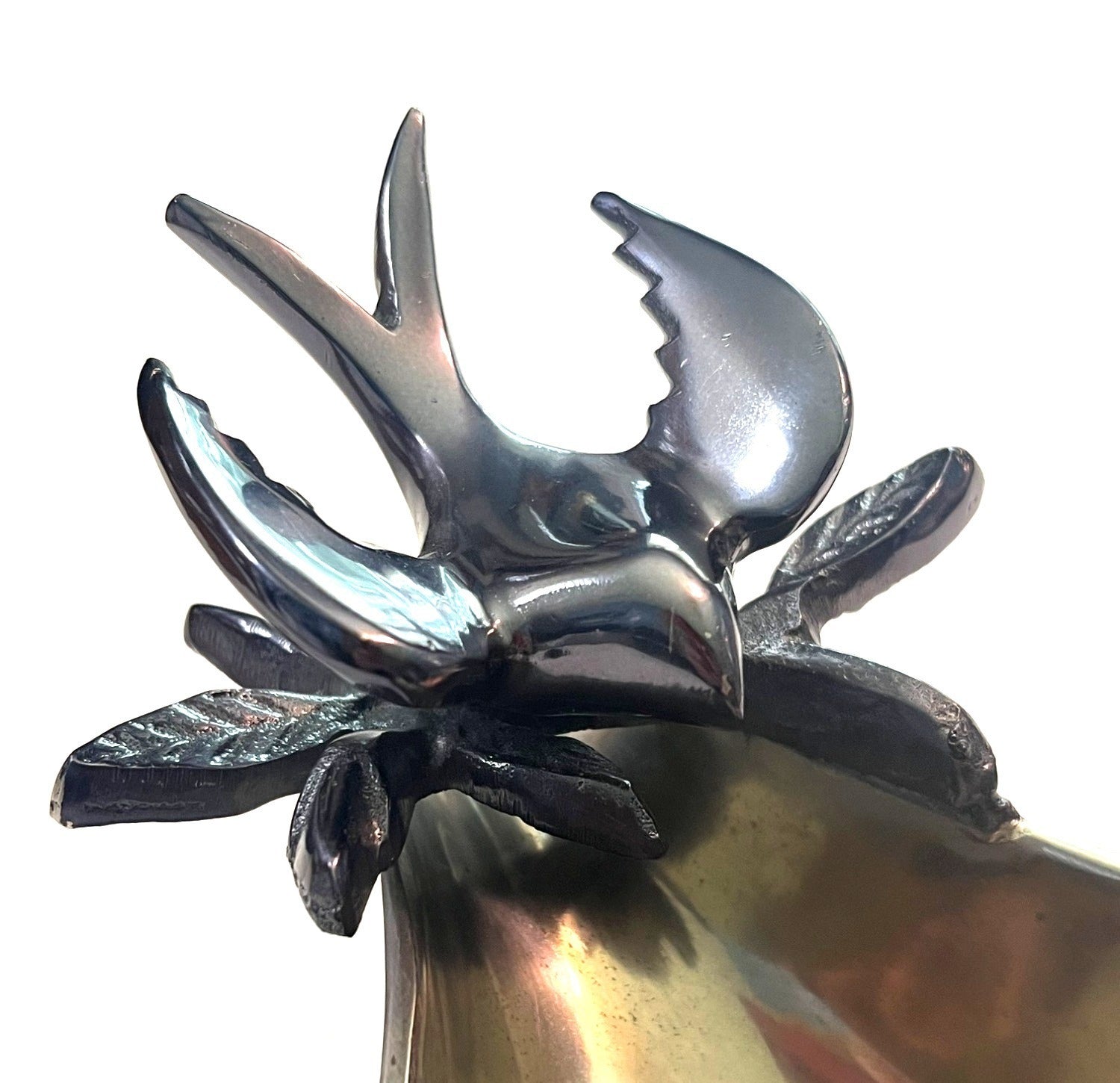 Brass Decorative Bowl With Bird & Leaf Silver Finish Enameled Bird Design Handcrafted Made in India 14.5" long