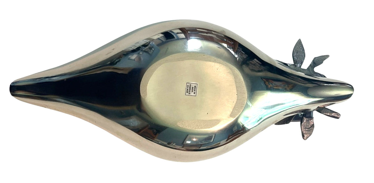 Brass Decorative Bowl With Bird & Leaf Silver Finish Enameled Bird Design Handcrafted Made in India 14.5" long