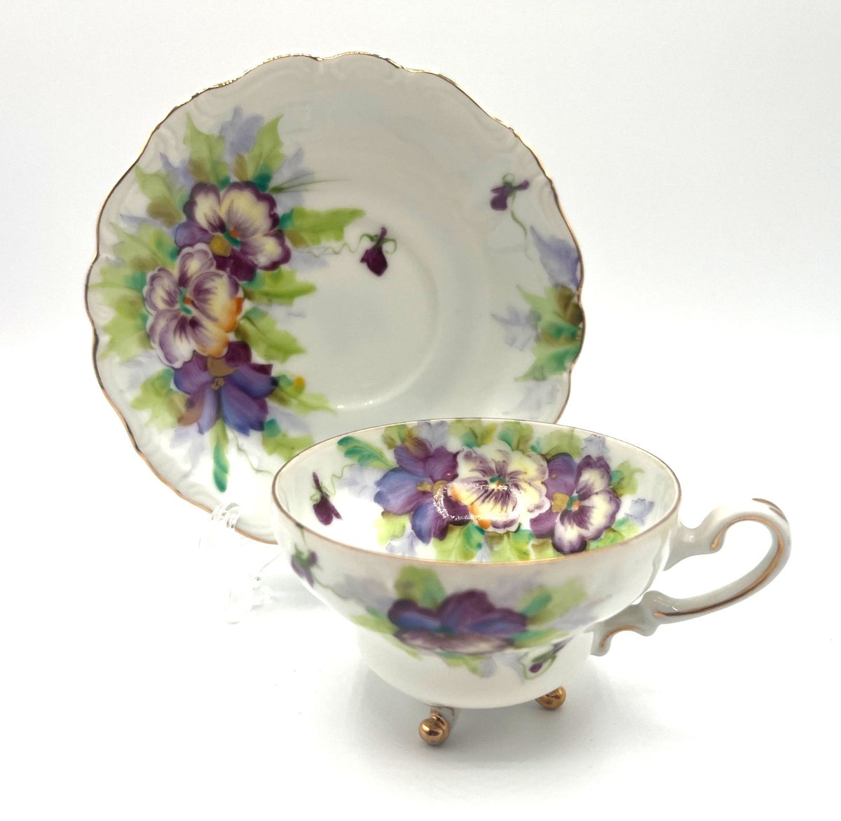 Vintage Hand Painted Footed Teacup & Saucer Set With Purple & Green Pansies Floral Design Made In Occupied Japan