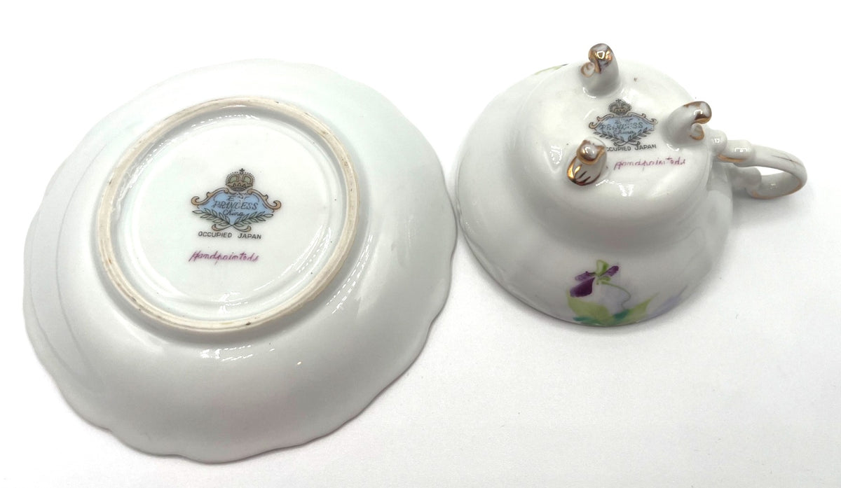Vintage Hand Painted Footed Teacup & Saucer Set With Purple & Green Pansies Floral Design Made In Occupied Japan