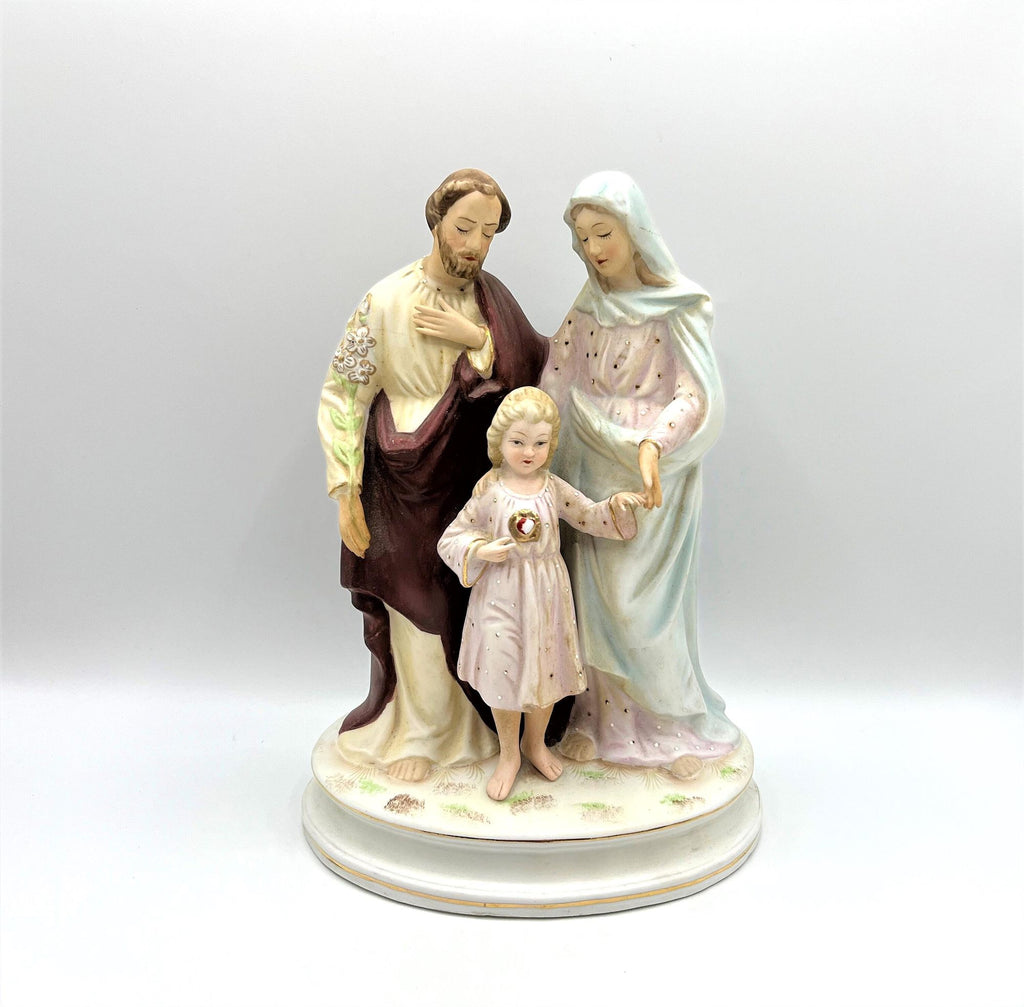 Rare Antique Lefton China Statue Figurine of Saint Joseph, Blessed Virgin Mary, Child Jesus' Sacred Heart.  Holy Family. 7" x 9.5" tall