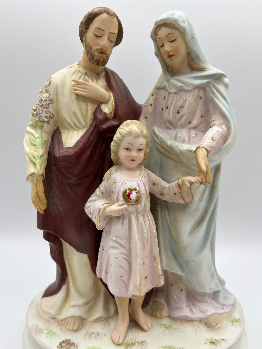 Rare Antique Lefton China Statue Figurine of Saint Joseph, Blessed Virgin Mary, Child Jesus' Sacred Heart.  Holy Family. 7" x 9.5" tall
