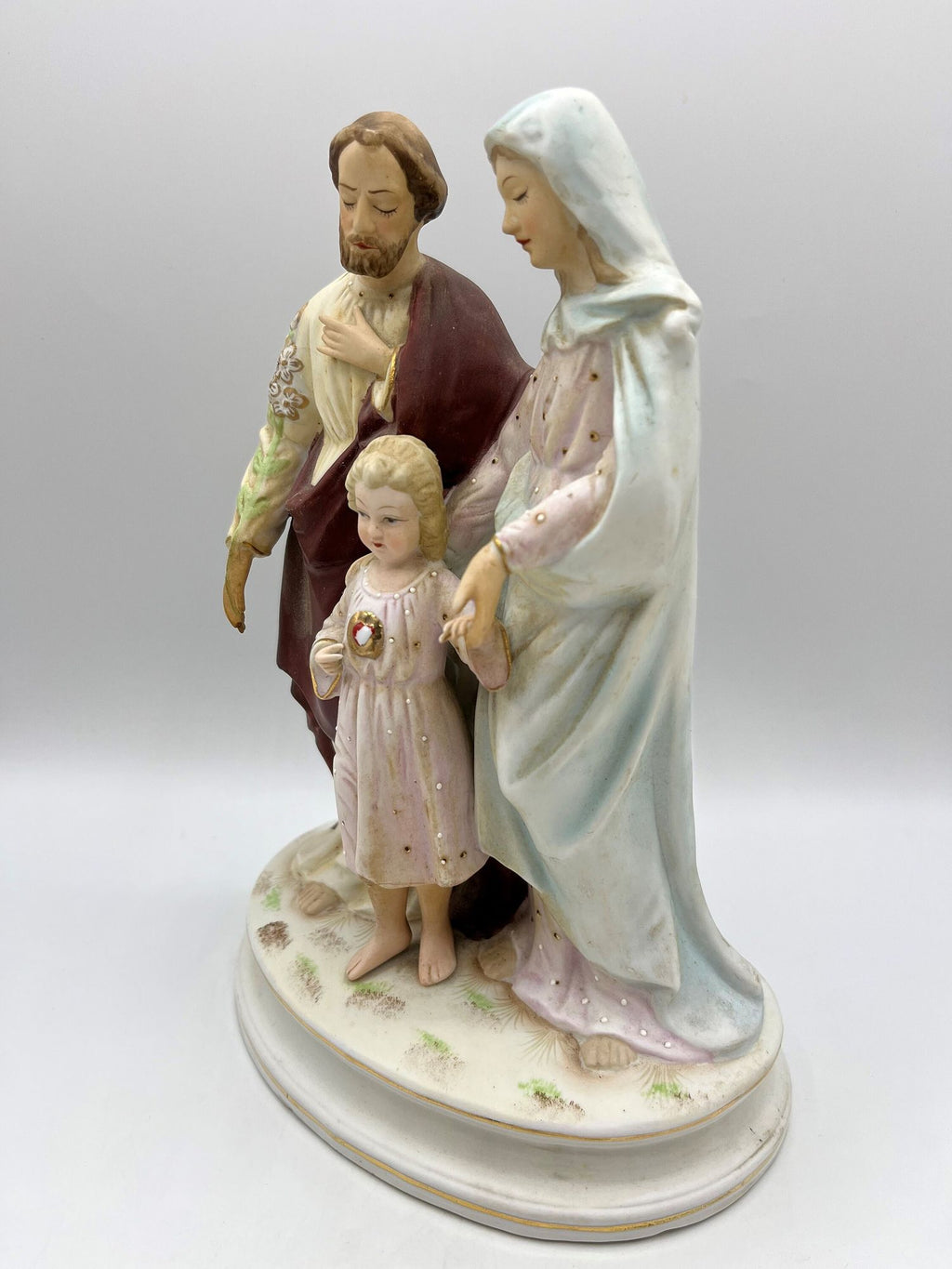 Rare Antique Lefton China Statue Figurine of Saint Joseph, Blessed Virgin Mary, Child Jesus' Sacred Heart.  Holy Family. 7" x 9.5" tall