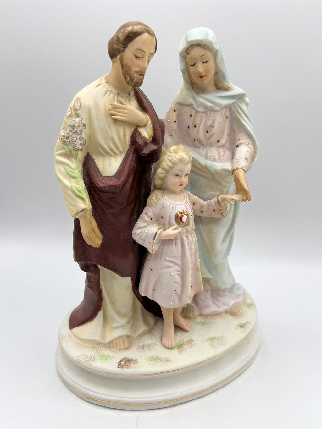 Rare Antique Lefton China Statue Figurine of Saint Joseph, Blessed Virgin Mary, Child Jesus' Sacred Heart.  Holy Family. 7" x 9.5" tall