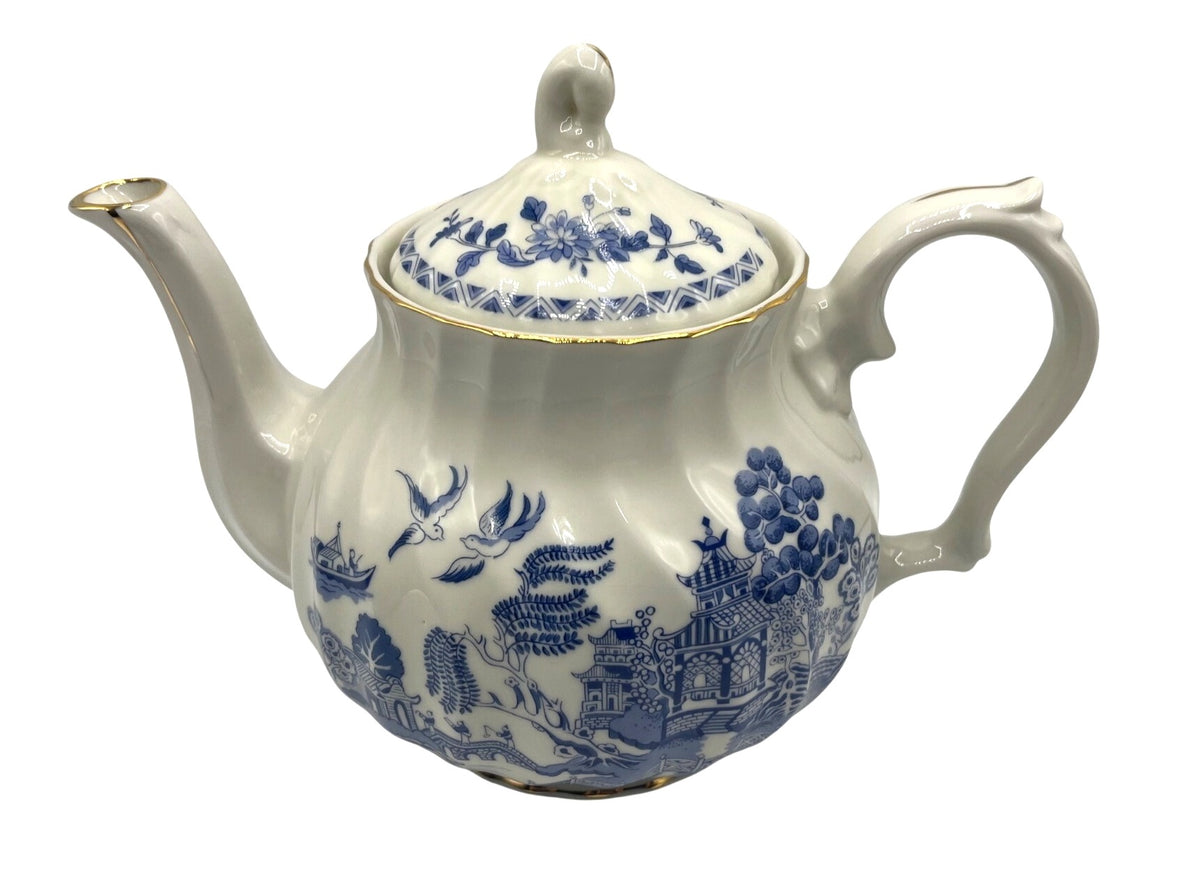 Vintage Robinson Design Group Japan 1989 Blue & White 32 oz. Teapot With Gold Trim