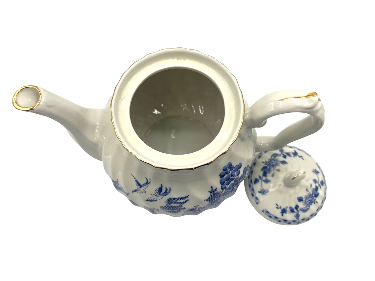 Vintage Robinson Design Group Japan 1989 Blue & White 32 oz. Teapot With Gold Trim