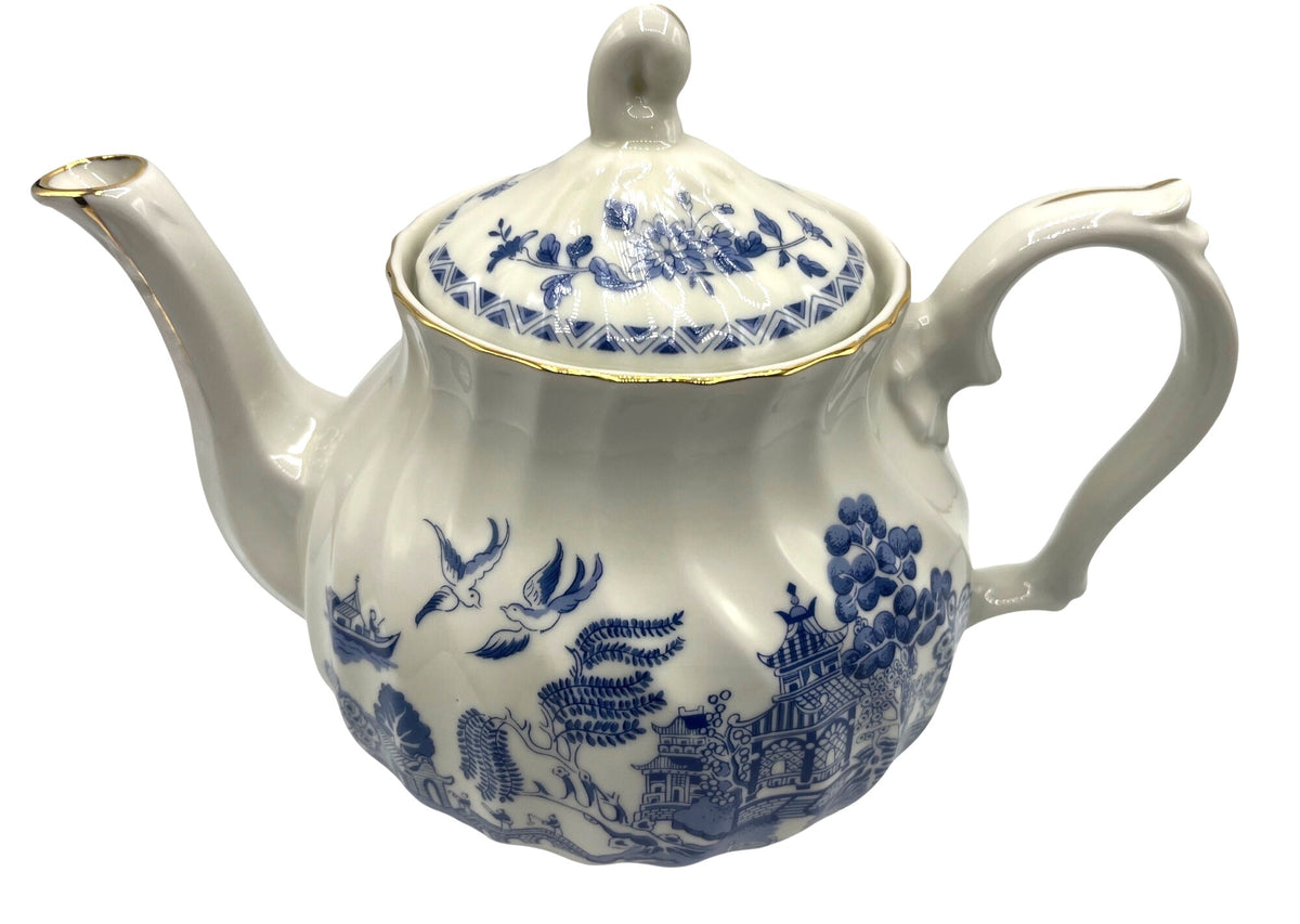 Vintage Robinson Design Group Japan 1989 Blue & White 32 oz. Teapot With Gold Trim