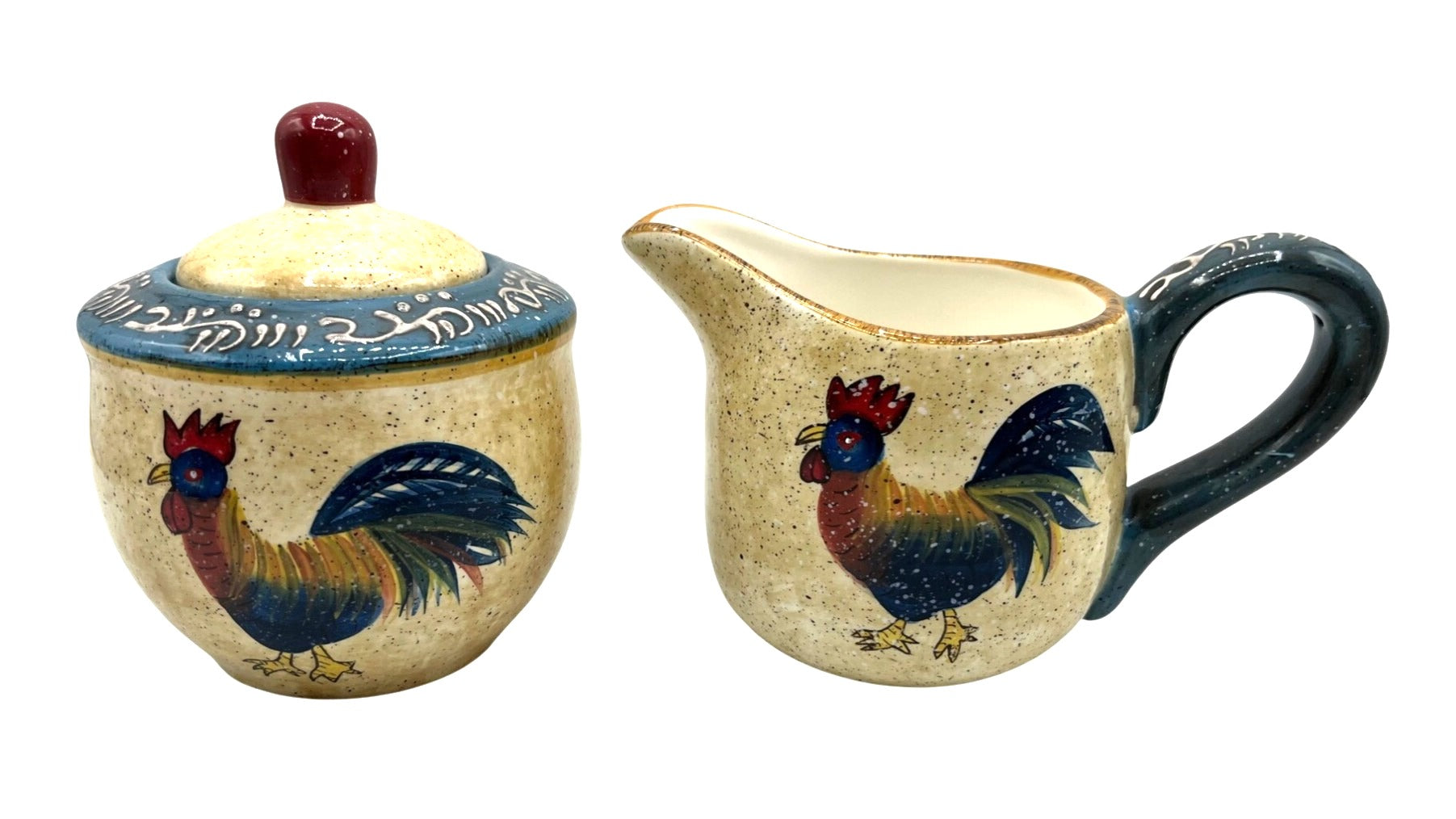 Vintage Hand-Painted Rooster Sugar Bowl & Creamer Set Rooster Cafe By Noble Excellence