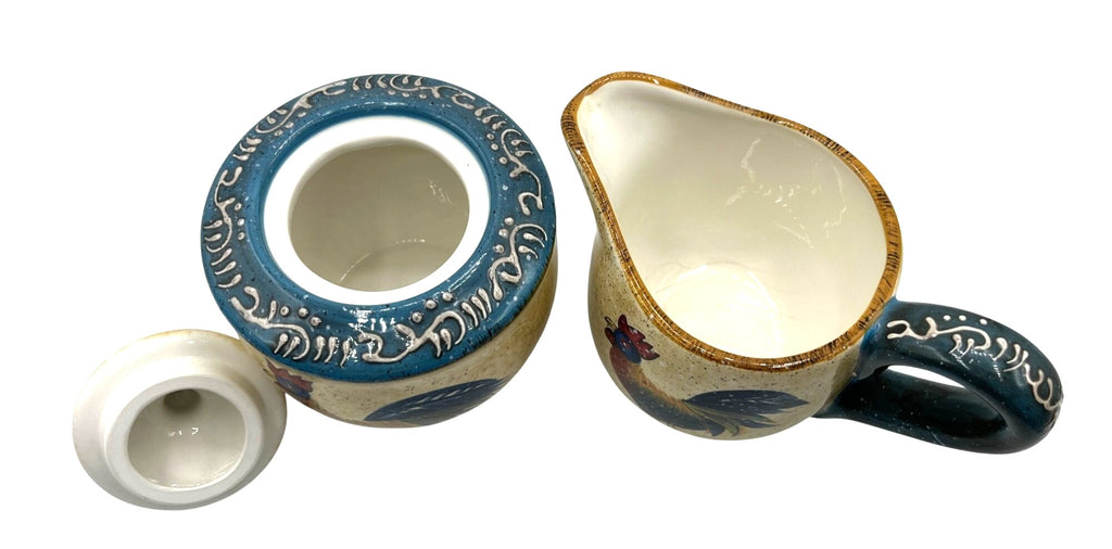 Vintage Hand-Painted Rooster Sugar Bowl & Creamer Set Rooster Cafe By Noble Excellence