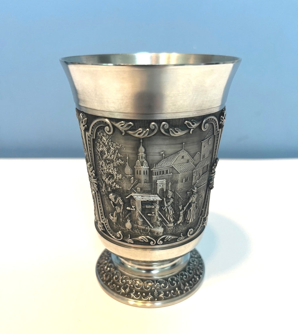 German Embossed Pewter Decorative Goblet With Intricate Village Design Poem Antique Finish Stamped Base SKS Zinn 957