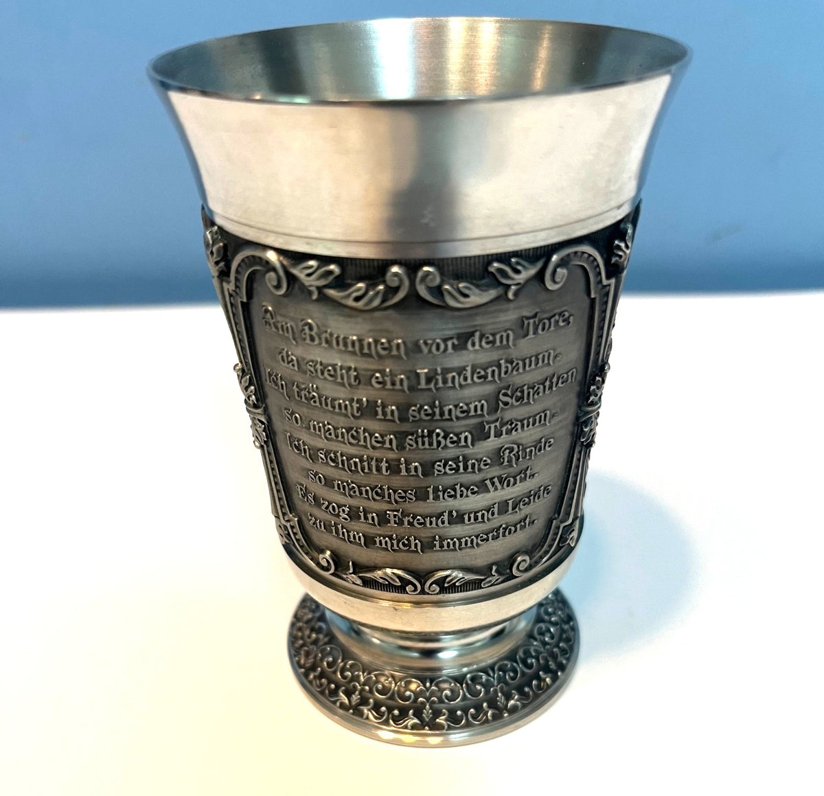 German Embossed Pewter Decorative Goblet With Intricate Village Design Poem Antique Finish Stamped Base SKS Zinn 957