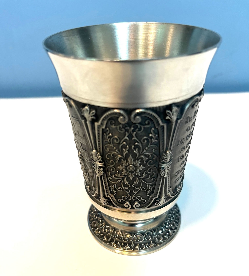 German Embossed Pewter Decorative Goblet With Intricate Village Design Poem Antique Finish Stamped Base SKS Zinn 957