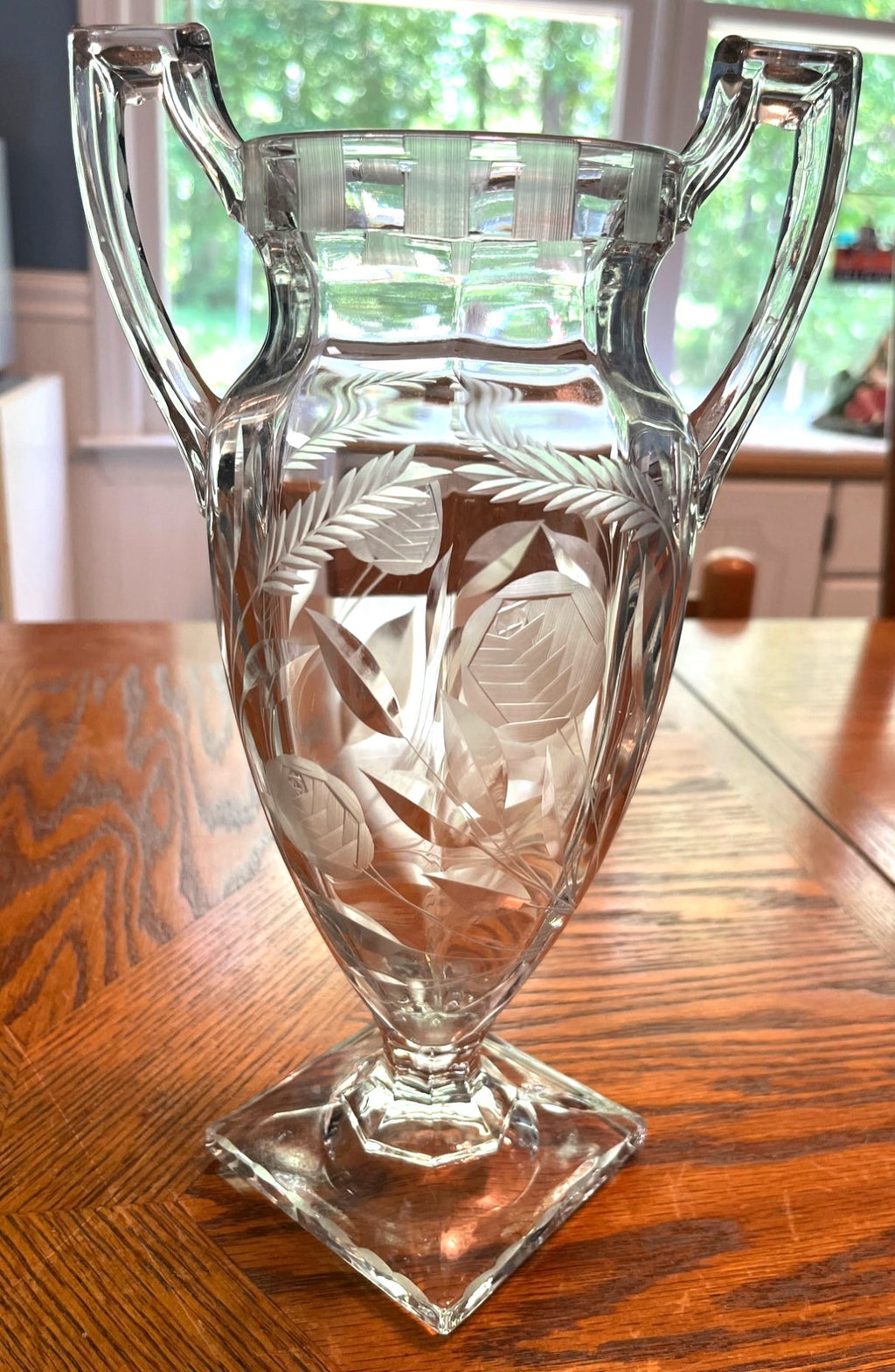 Tiffin Franciscan Glass Crystal Trophy Urn Vase with Etched Wheat Palm and Flower Design Double Handles Offset Square Base 11" high