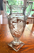 Tiffin Franciscan Glass Crystal Trophy Urn Vase with Etched Wheat Palm and Flower Design Double Handles Offset Square Base 11" high