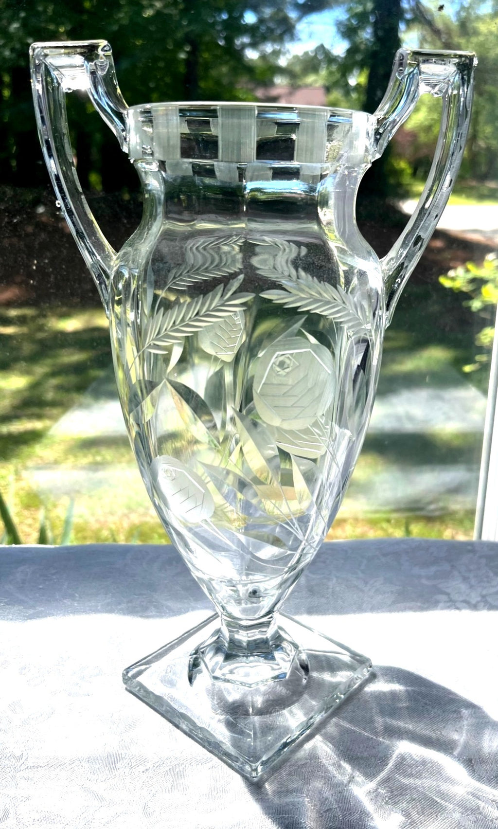 Tiffin Franciscan Glass Crystal Trophy Urn Vase with Etched Wheat Palm and Flower Design Double Handles Offset Square Base 11" high