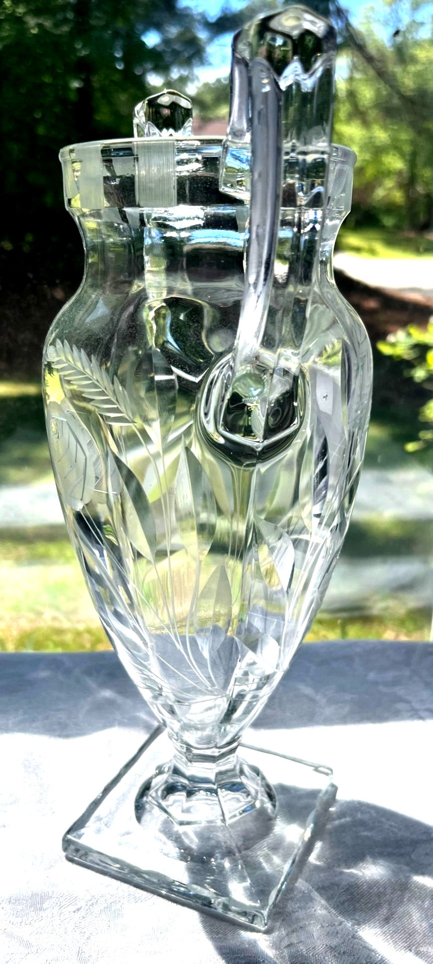 Tiffin Franciscan Glass Crystal Trophy Urn Vase with Etched Wheat Palm and Flower Design Double Handles Offset Square Base 11" high