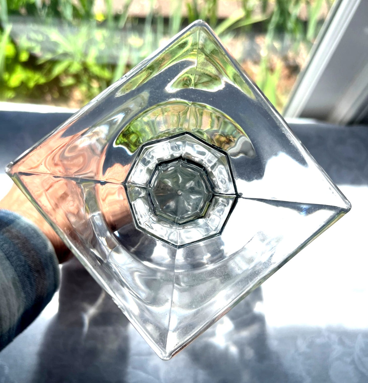Tiffin Franciscan Glass Crystal Trophy Urn Vase with Etched Wheat Palm and Flower Design Double Handles Offset Square Base 11" high