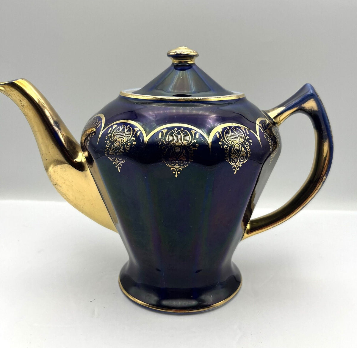 Rare Mid Century Hall Cobalt Blue and Gold 6 Cup Teapot with Lid Made in USA.