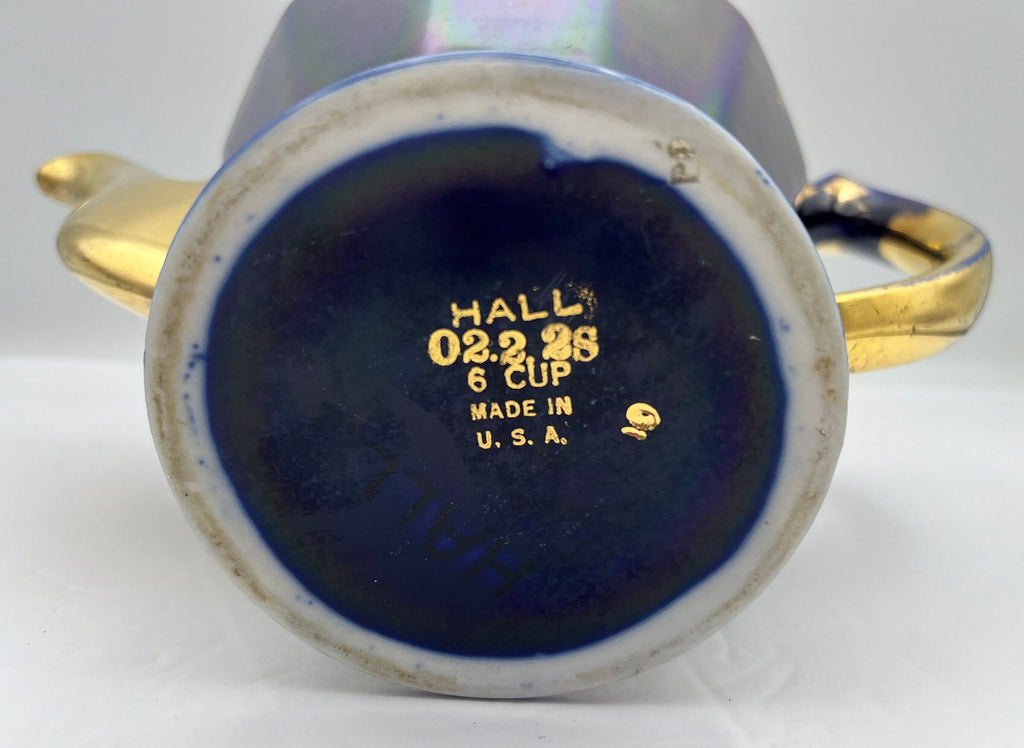 Rare Mid Century Hall Cobalt Blue and Gold 6 Cup Teapot with Lid Made in USA.
