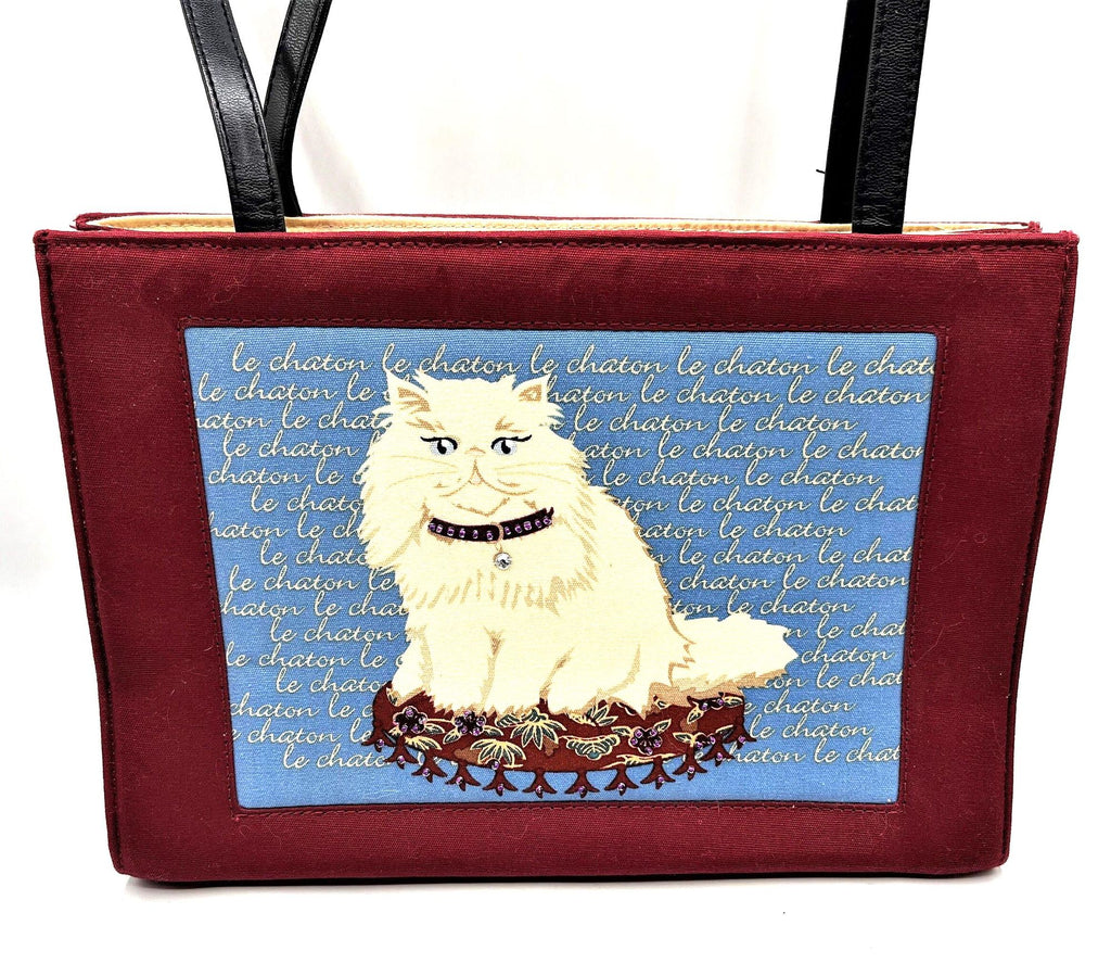 Le Chaton Handbag with White Kitty on Beaded Pillow wearing Beaded Necklace 11" x 8" x 4.75"