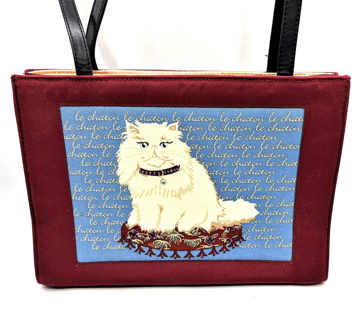 Le Chaton Handbag with White Kitty on Beaded Pillow wearing Beaded Necklace 11" x 8" x 4.75"