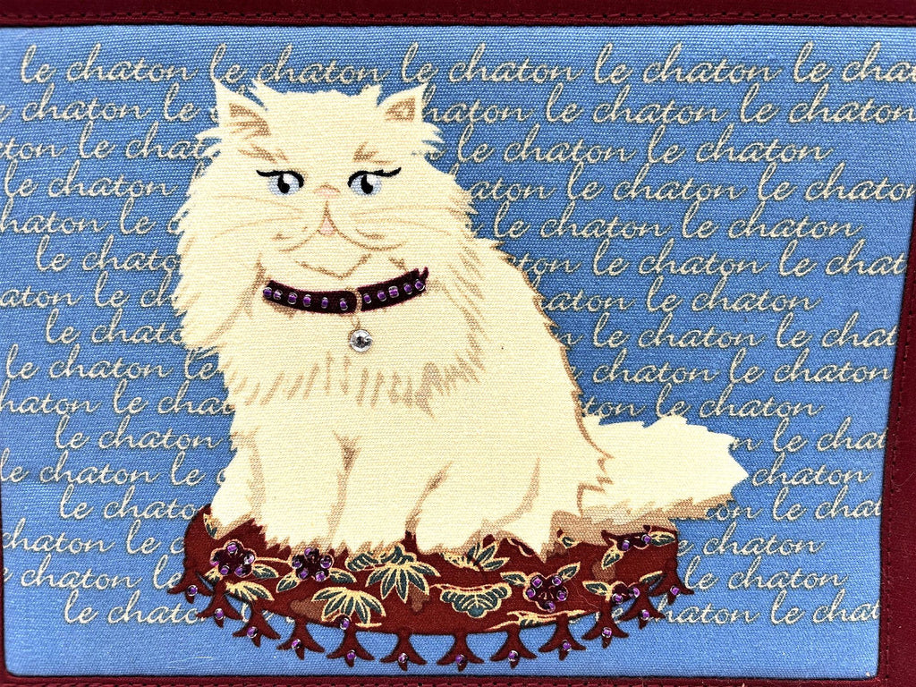 Le Chaton Handbag with White Kitty on Beaded Pillow wearing Beaded Necklace 11" x 8" x 4.75"