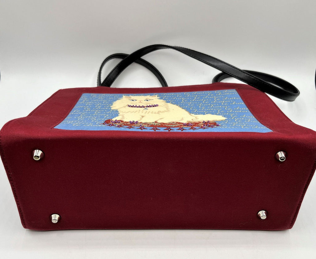 Le Chaton Handbag with White Kitty on Beaded Pillow wearing Beaded Necklace 11" x 8" x 4.75"