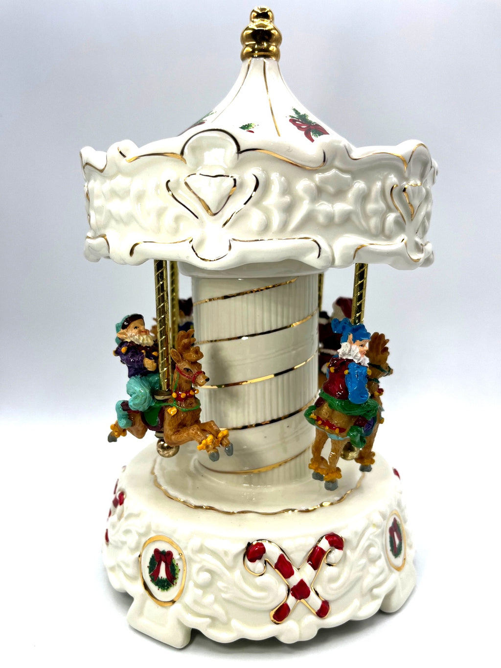 Santa & Elf Musical Holiday Carousel Porcelain Gold Trimmed Plays Jingle Bells
