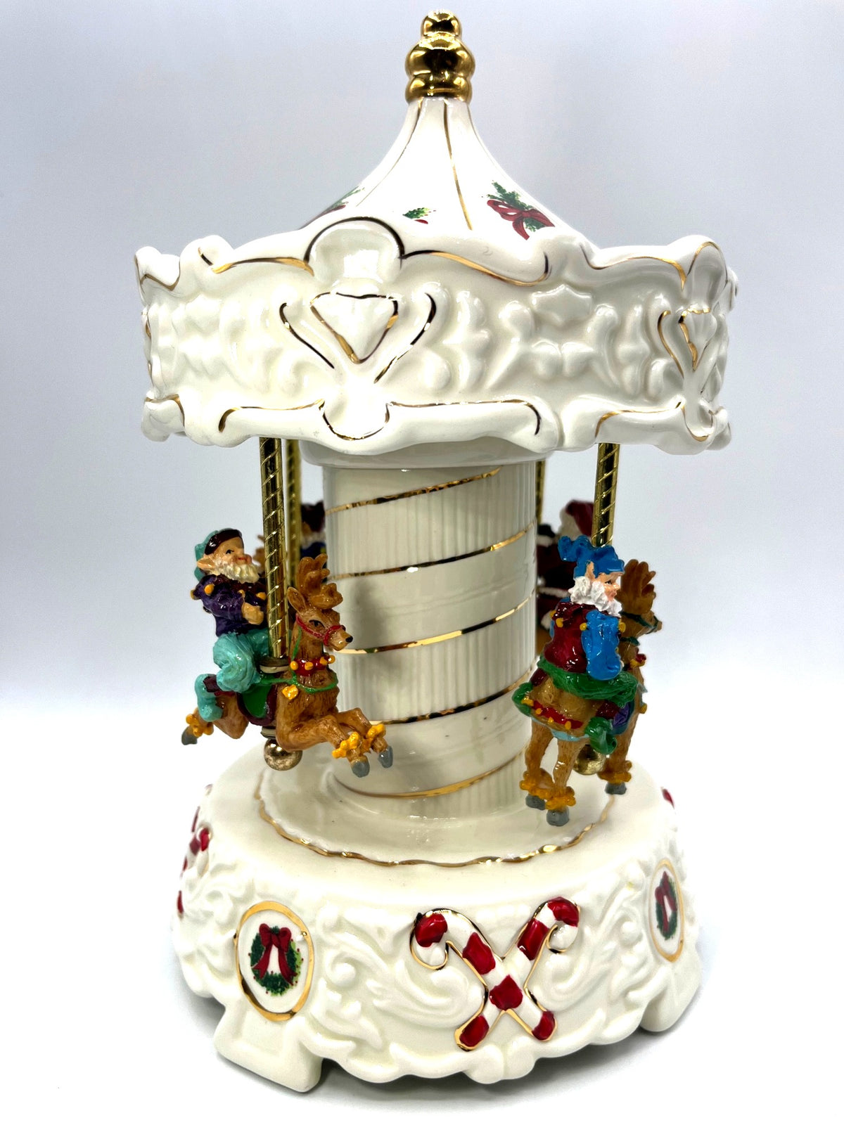 Santa & Elf Musical Holiday Carousel Porcelain Gold Trimmed Plays Jingle Bells