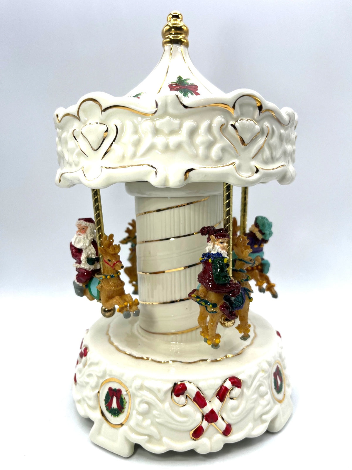 Santa & Elf Musical Holiday Carousel Porcelain Gold Trimmed Plays Jingle Bells
