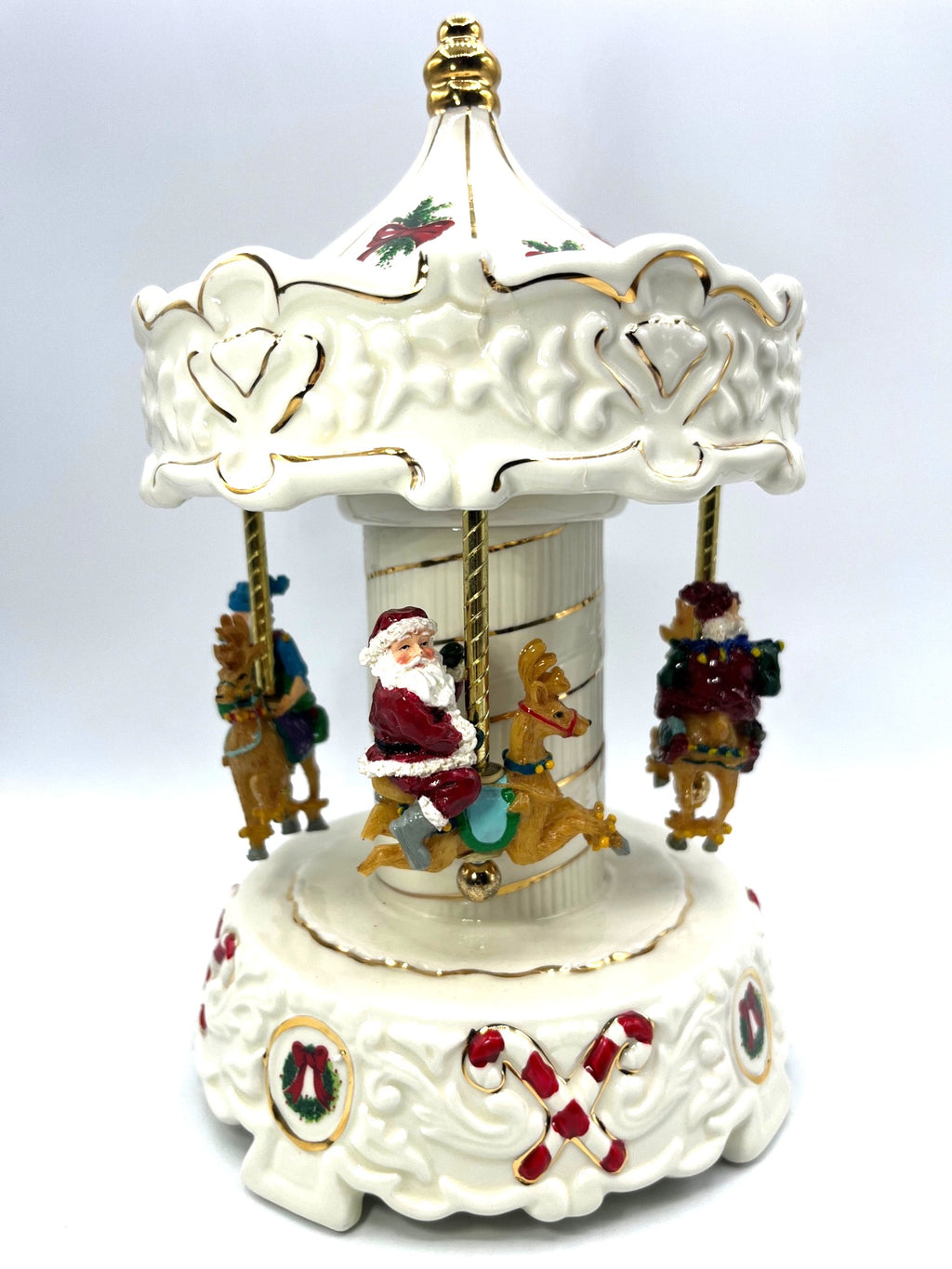 Santa & Elf Musical Holiday Carousel Porcelain Gold Trimmed Plays Jingle Bells