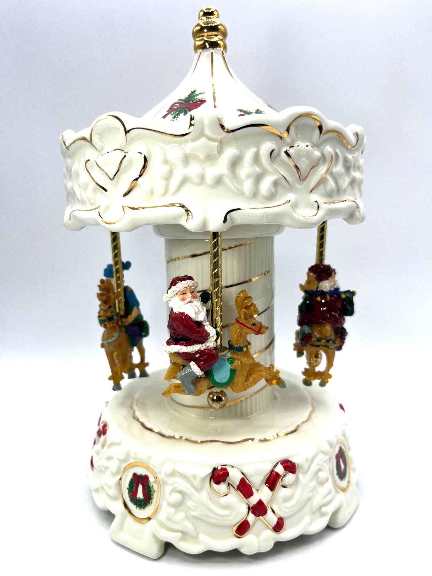 Santa & Elf Musical Holiday Carousel Porcelain Gold Trimmed Plays Jingle Bells