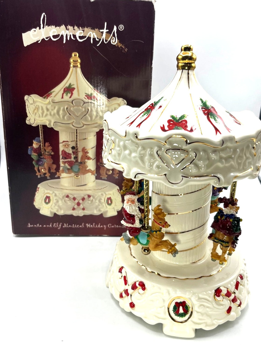Santa & Elf Musical Holiday Carousel Porcelain Gold Trimmed Plays Jingle Bells