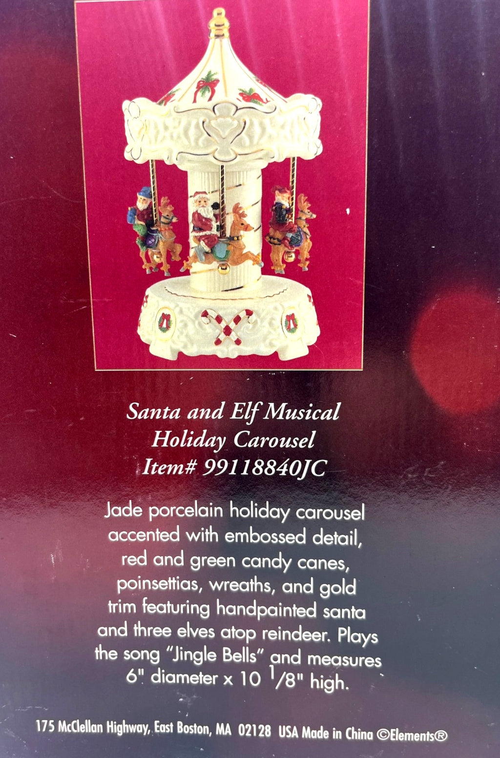 Santa & Elf Musical Holiday Carousel Porcelain Gold Trimmed Plays Jingle Bells