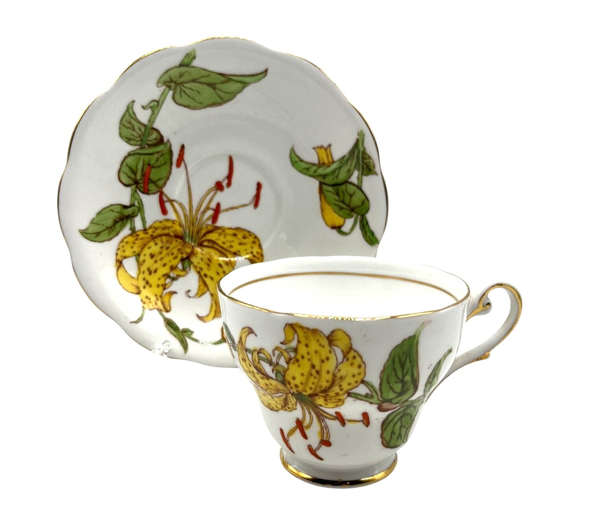 Royal Standard Morning Star Tiger Lily Vintage Bone China Tea Cup & Saucer Set Gold Trim Made in England
