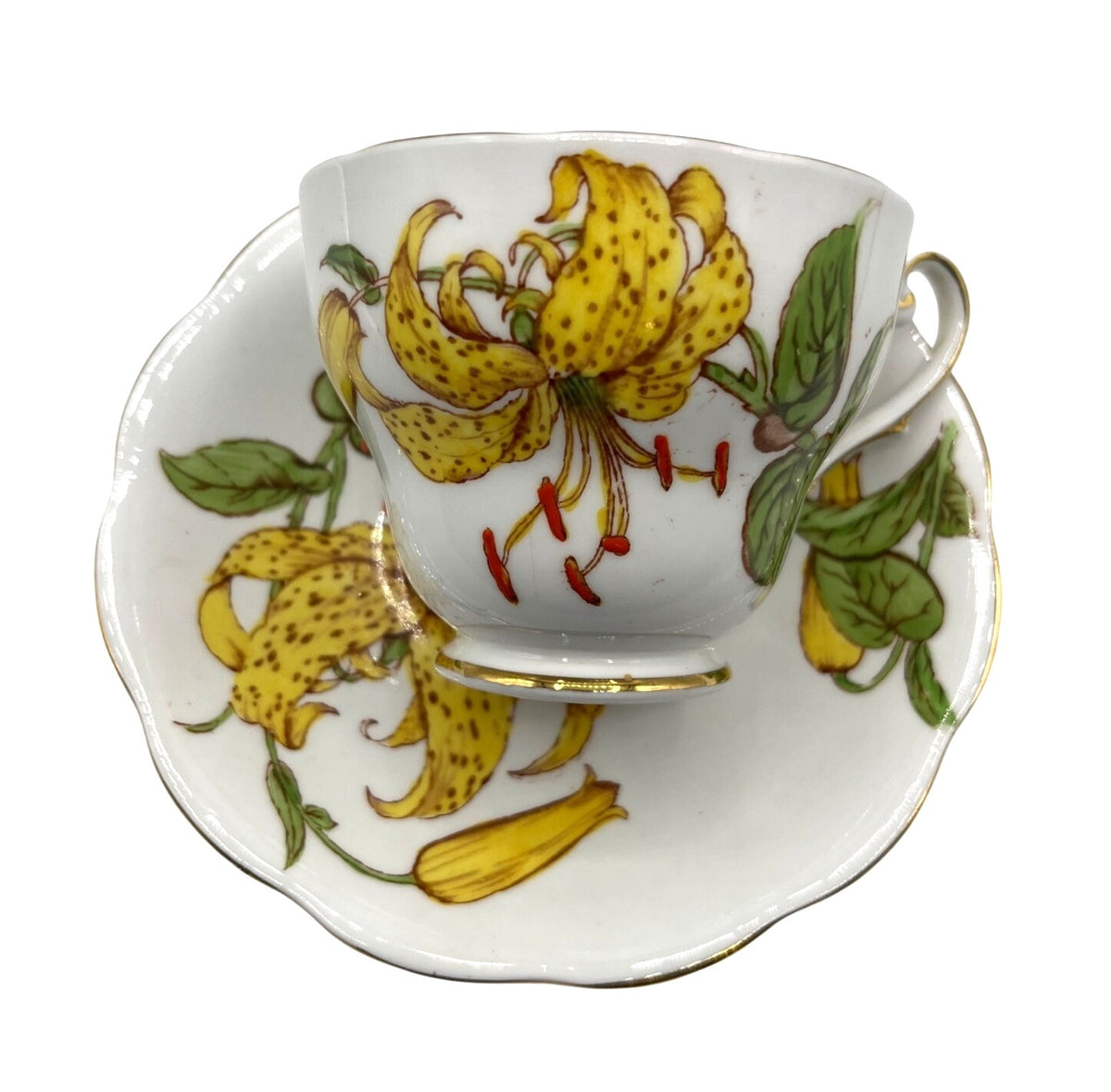 Royal Standard Morning Star Tiger Lily Vintage Bone China Tea Cup & Saucer Set Gold Trim Made in England