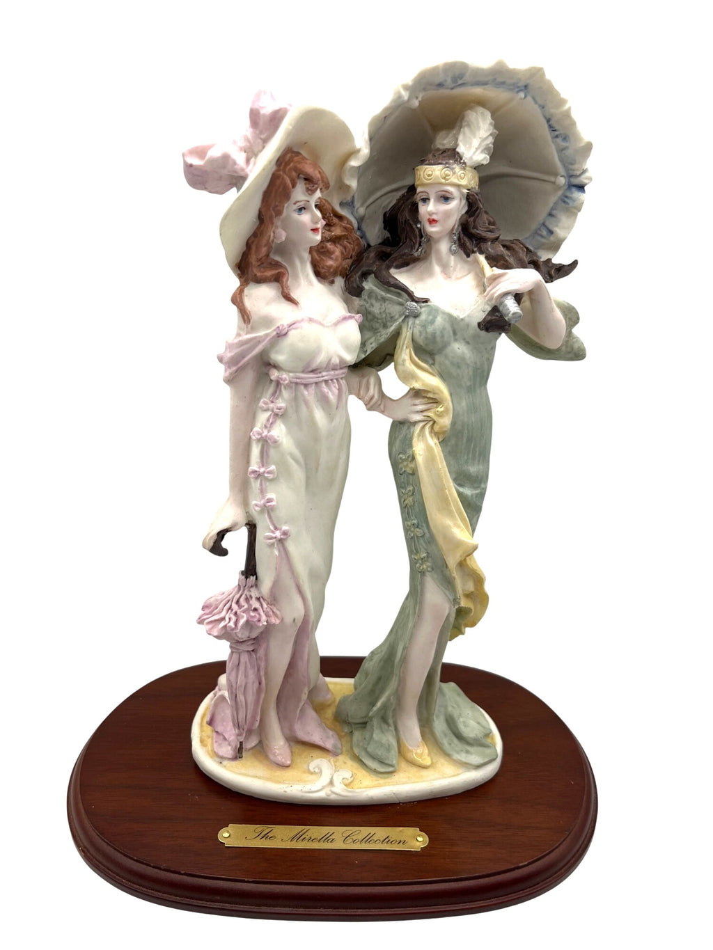 La Verona Art Deco Figurine from The Mirella Collection. Two Ladies in With Parasols On Wooden Base 11" tall
