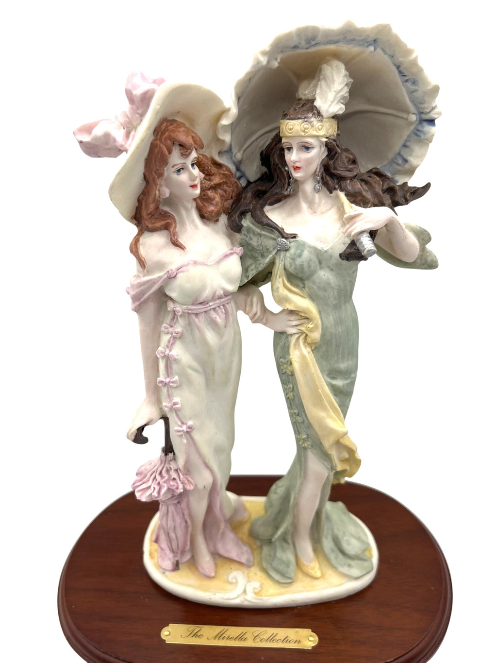 La Verona Art Deco Figurine from The Mirella Collection. Two Ladies in With Parasols On Wooden Base 11" tall