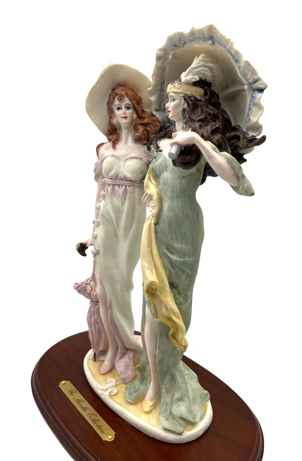 La Verona Art Deco Figurine from The Mirella Collection. Two Ladies in With Parasols On Wooden Base 11" tall