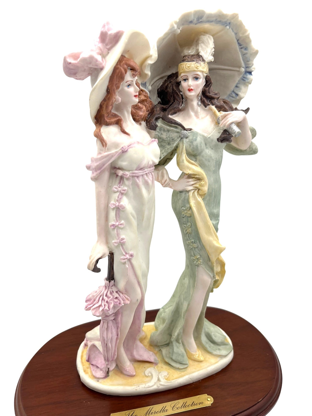 La Verona Art Deco Figurine from The Mirella Collection. Two Ladies in With Parasols On Wooden Base 11" tall