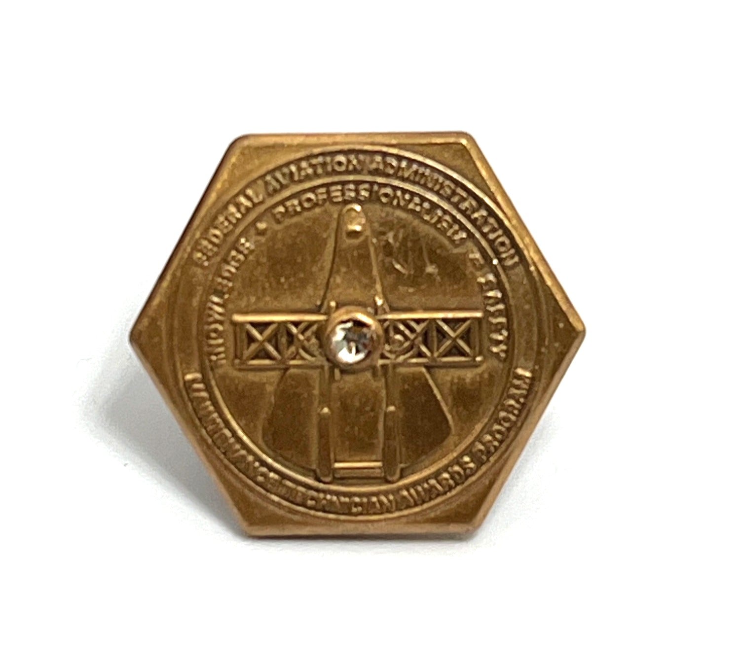 Federal Aviation Administration Hexagonal Gold Tone Lapel Pin With Crystal Rhinestone Accent